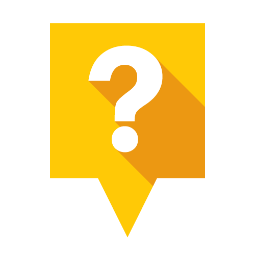 Yellow speech bubble with a white question mark inside, casting a long shadow.